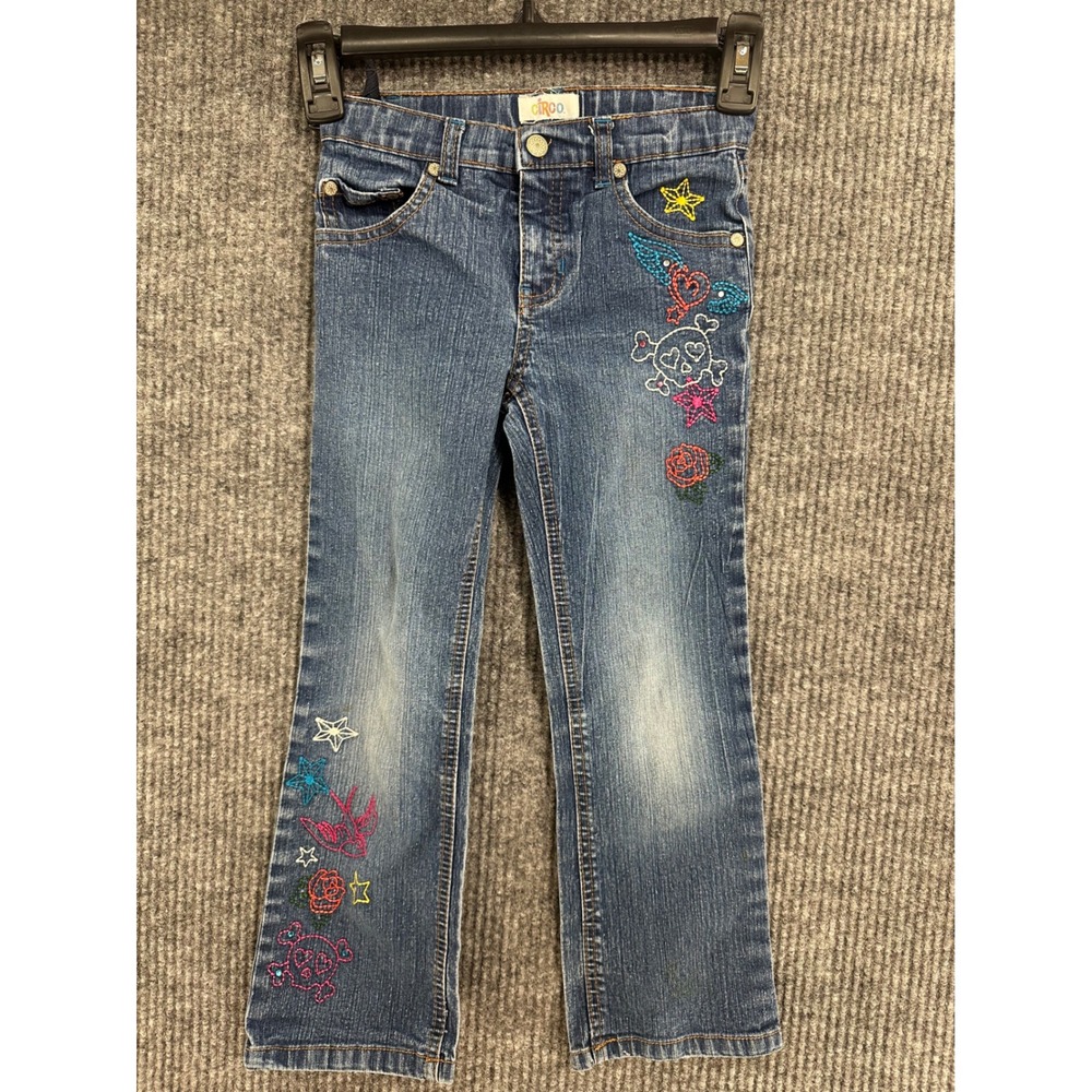 Circo Embroidered Jeans Kids 6 Blue Good Skull Star Rose Tattoo Denim Pants - Picture 1 of 12